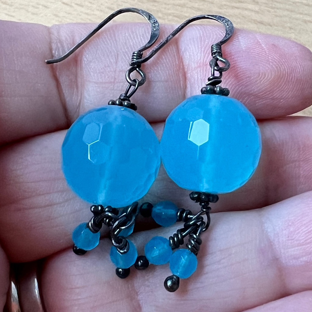 Vintage 925 Sterling Silver Turquoise Blue Faceted Quartz Beads Dangle Earrings